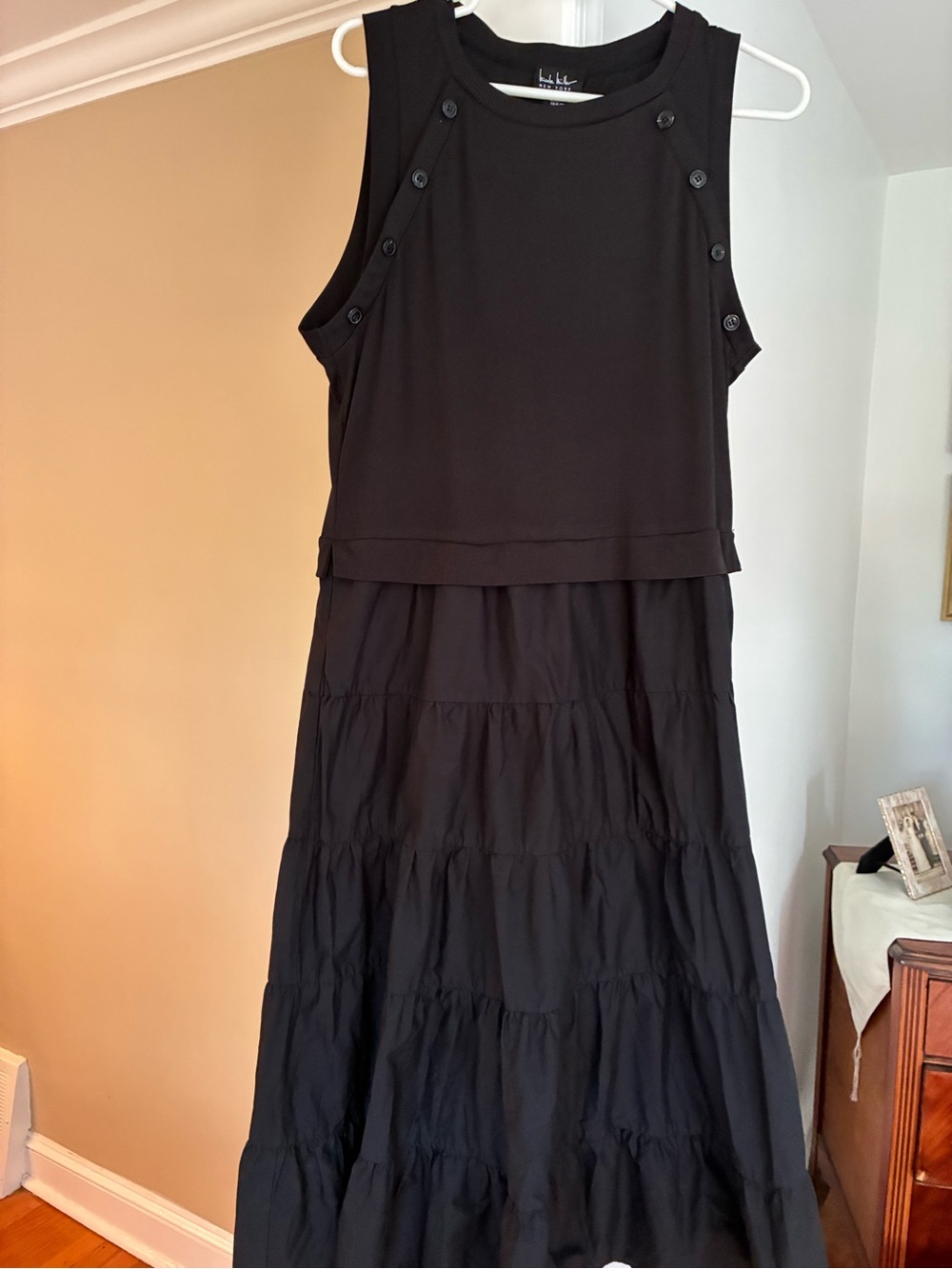Nicole Miller Black Maxi Dress with Button-Trim Sleeves